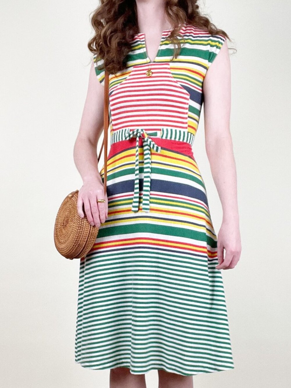 Vintage 70s Striped Midi Dress Nautical Prep Coastal Sporty Sun Preppy 1970's